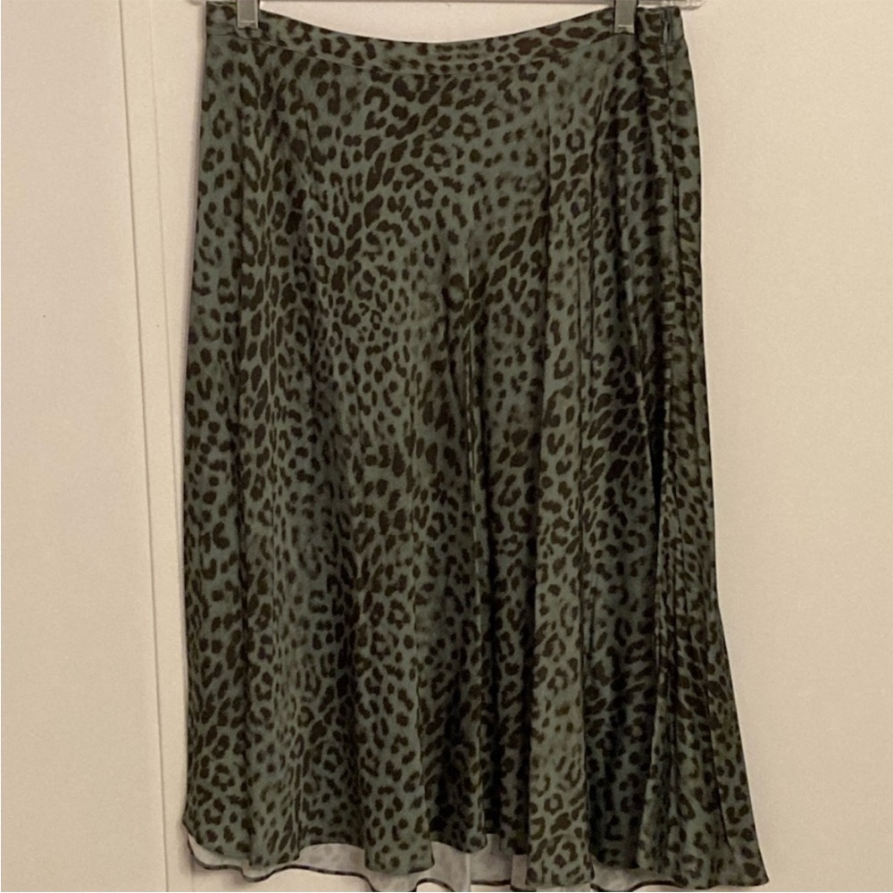 Leopard Print Green Midi Slip Skirt Silky A-Line Size MP Side Zip Chic Bohemian